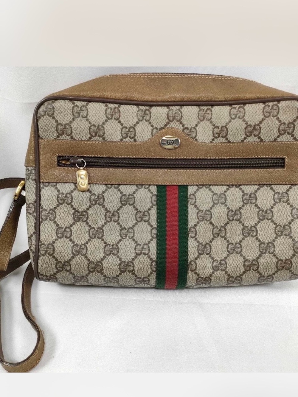 Gucci Beige GG Supreme Canvas Crossbody with Brown Leather Trim
